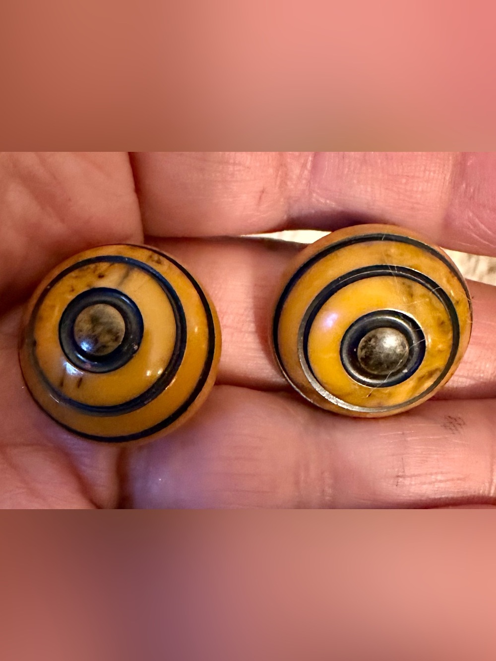 Vintage Butterscotch Bakelite Bullseye Clip-On Earrings – Black Ring Design
